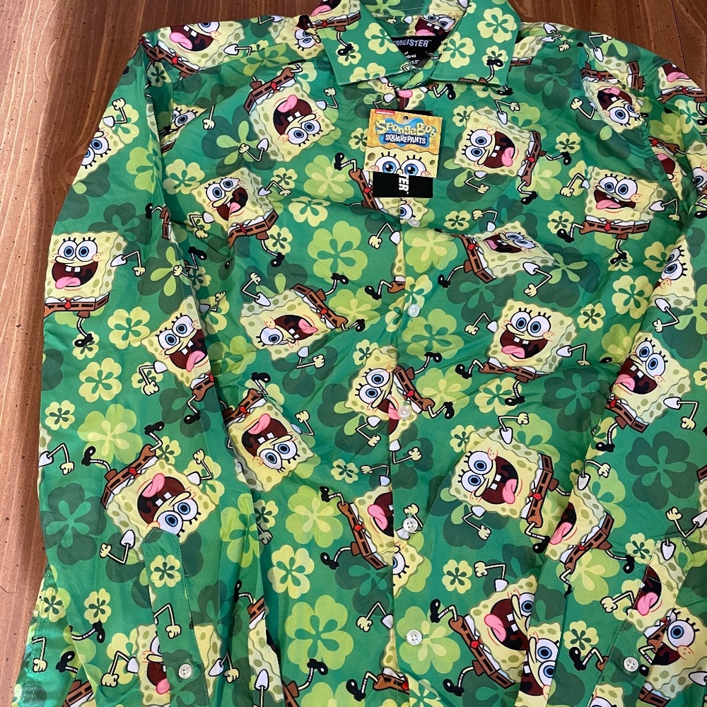 Suitmeister Shirt Men’s Green Spongebob All Over Print Button Up NEW St Pattys